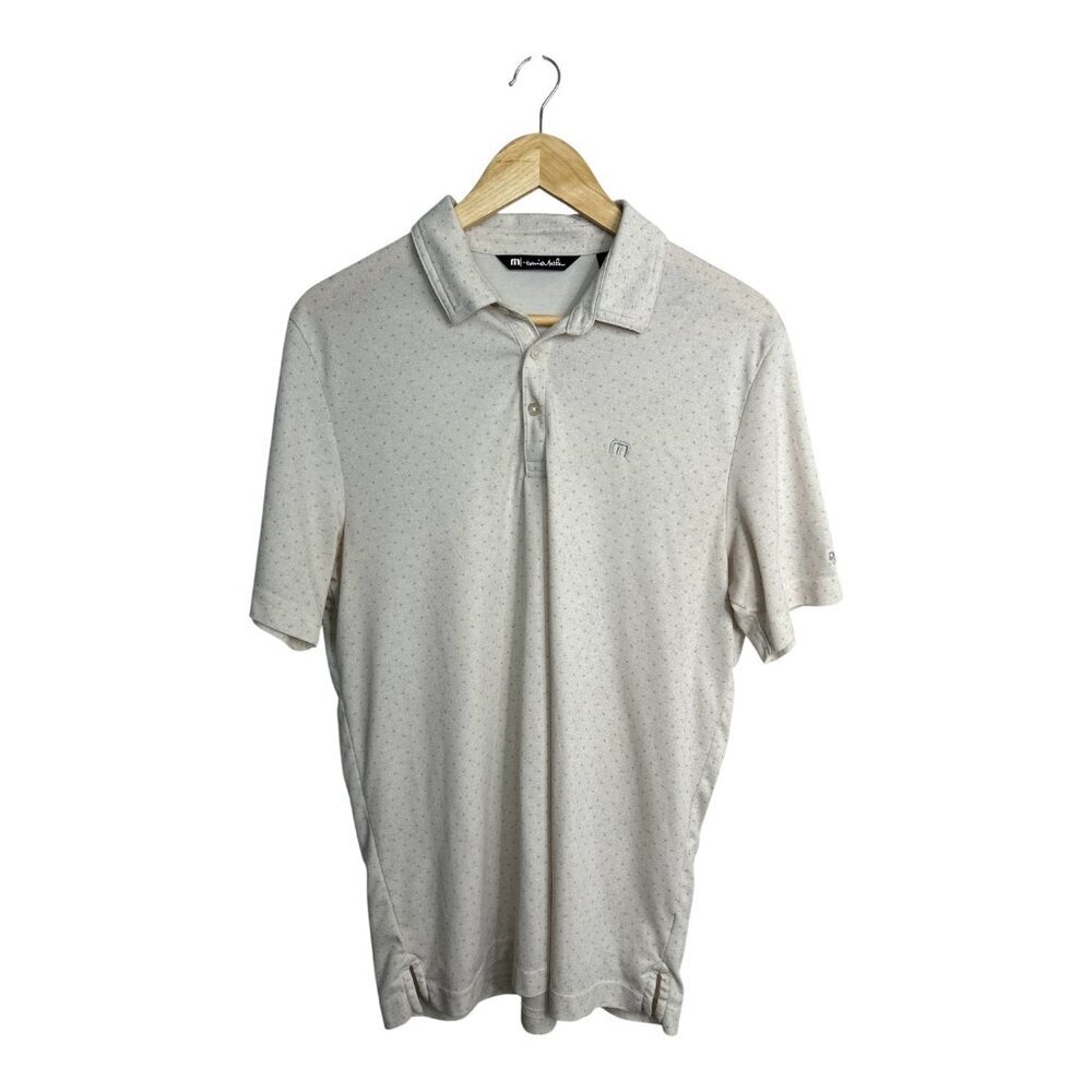 Travis Mathew Poly Blend Polo Golf Shirt Men's Size Large Beige Geometric Preppy